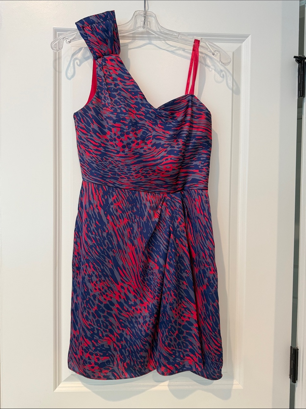BCBGeneration One-Shoulder Mini Dress in Navy and Fuchsia Print